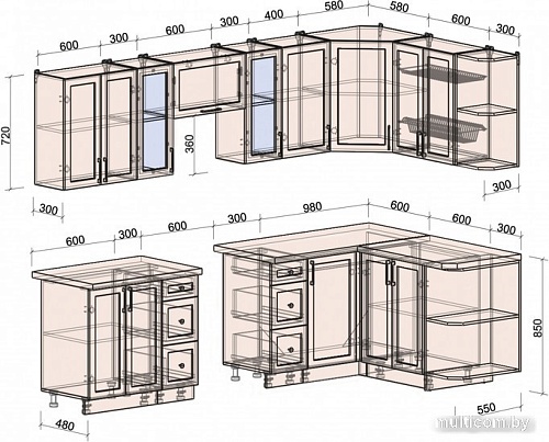 Готовая кухня Интерлиния Тренд 1.5x2.8 правая (индиго/индиго/опал светлый)