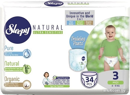 Трусики-подгузники Sleepy Natural 3 Midi 4-9 кг Jumbo Pack (34 шт)