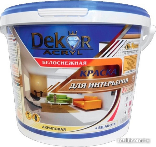 Краска Dekor ВД-АК-216 для интерьеров (белоснежный, 7 кг)
