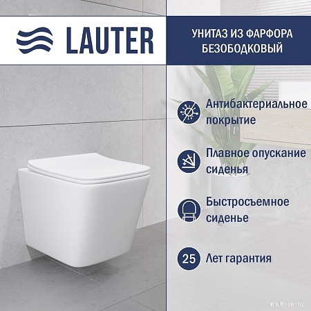 Унитаз подвесной Lauter Square 214903 с кнопкой 219701F (квадратная, хром)