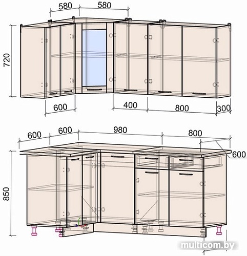 Готовая кухня Интерлиния Мила 12x18 (дуб золотой-бетон-дуб бунратти)