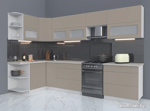 Угловая кухня Интерлиния Мила Матте 1.5x3.2 Б левая (луна/луна/травертин серый)