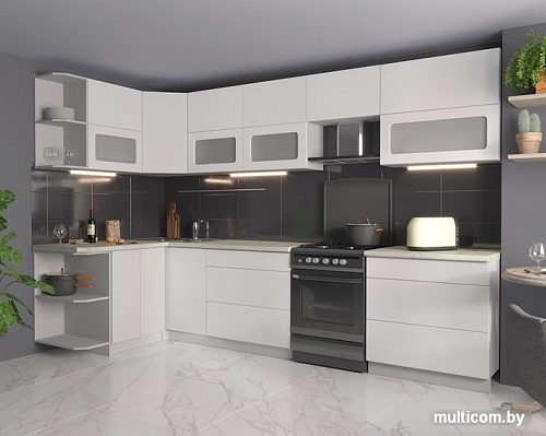 Угловая кухня Интерлиния Мила Матте 1.5x3.2 Б левая (белый/белый/опал светлый)