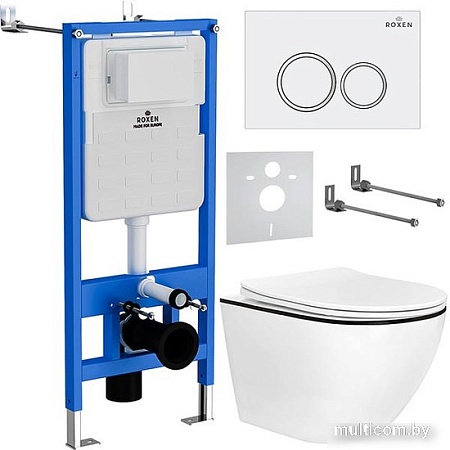Унитаз подвесной Roxen Antares Black в комплекте с инсталляцией StounFix Slim 6 в 1 964631 (кнопка: белый глянец)