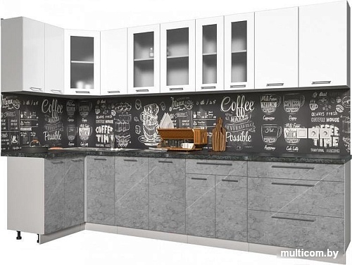 Угловая кухня Интерлиния Мила Пластик 1.2x3.2 (мрамор/белый глянец/кастилло темный)
