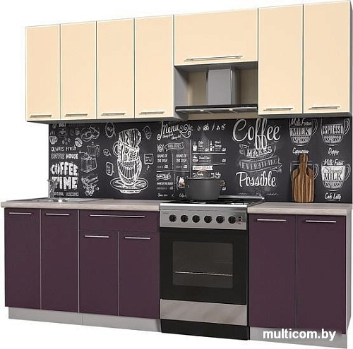 Кухня Интерлиния Мила Пластик 2.4 А (слива глянец/ваниль глянец/травертин)