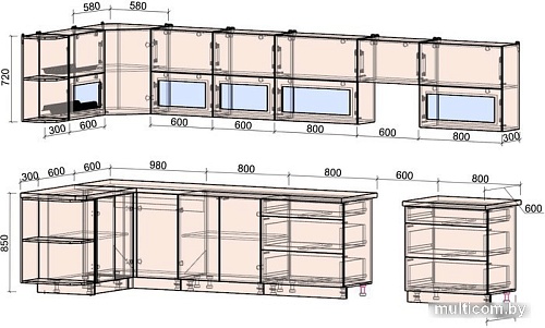 Угловая кухня Интерлиния Мила Матте 1.5x4.0 Б левая (океан/океан/травертин серый)