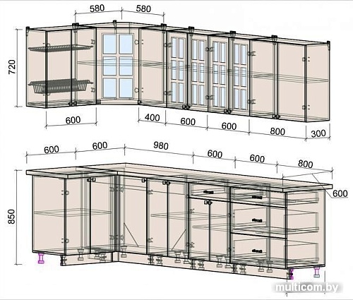 Угловая кухня Интерлиния Мила Деко 1.2x3.0 (луна/травертин серый)