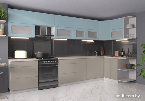 Готовая кухня Интерлиния Мила Матте 1.5x3.7 Б правая (океан-луна-травертин серый)