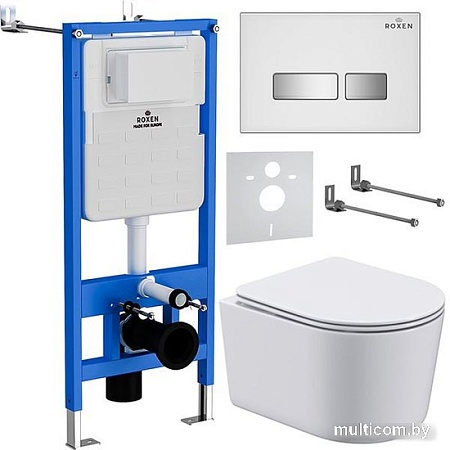 Унитаз подвесной Roxen Simple Compact в комплекте с инсталляцией StounFix Slim 6 в 1 964407 (кнопка: белое стекло)