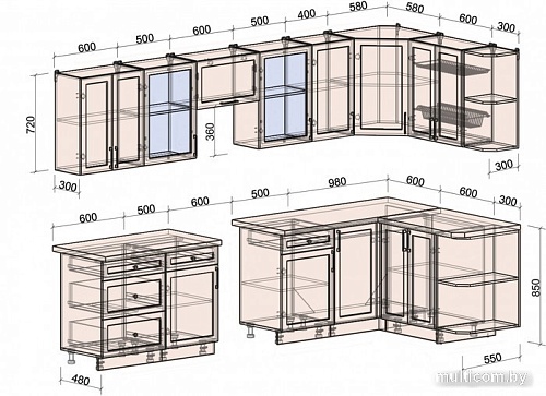 Готовая кухня Интерлиния Тренд 1.5x3.2 правая (индиго/индиго/опал светлый)