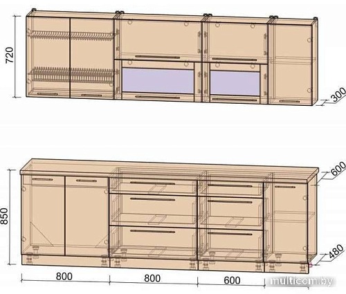 Готовая кухня Интерлиния Мила Пластик 2.6 В (капучино глянец-опал светлый)