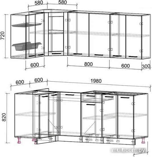 Готовая кухня Интерлиния Мила 12x20 без столешницы (дуб молочный/дуб венге)