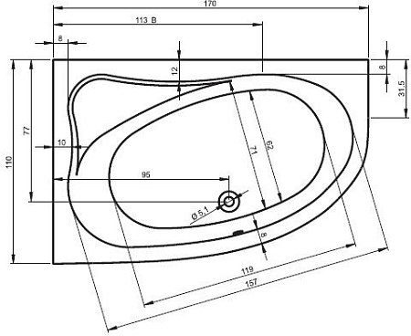 Ванна Riho Lyra 170x110 BA64005 (с ножками и экраном, левая)
