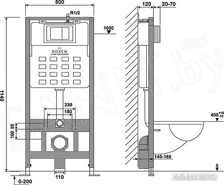 Унитаз подвесной Roxen Antares Black в комплекте с инсталляцией StounFix Slim 6 в 1 964909 (кнопка: белое стекло)