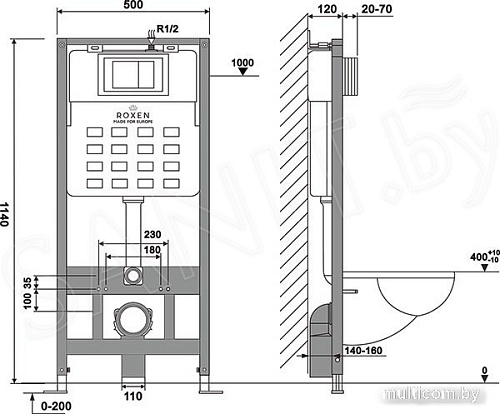 Унитаз подвесной Roxen Antares Black в комплекте с инсталляцией StounFix Slim 6 в 1 964909 (кнопка: белое стекло)