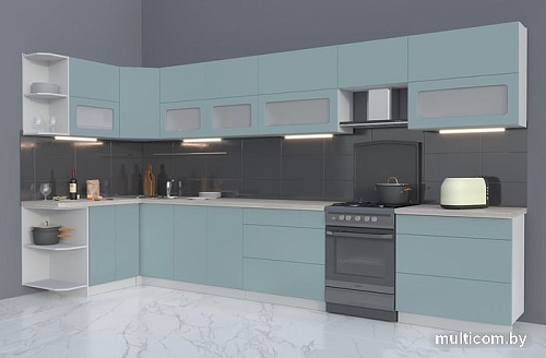 Угловая кухня Интерлиния Мила Матте 1.5x4.0 Б левая (океан/океан/травертин серый)