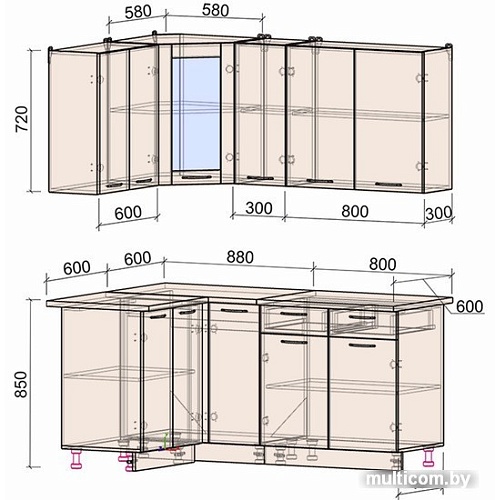 Готовая кухня Интерлиния Мила 12x17 (вудлайн кремовый-антрацит-бискайская сосна)