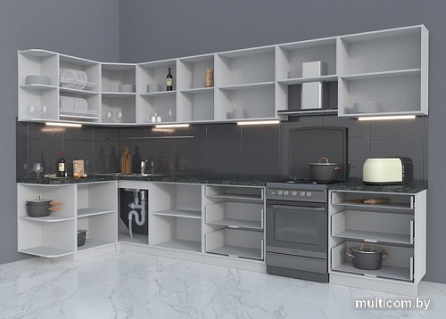 Угловая кухня Интерлиния Мила Матте 1.5x3.7 Б левая (океан/луна/травертин серый)