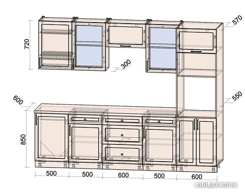 Готовая кухня Интерлиния Тренд 2.7В (луна/белый/серый каспий)