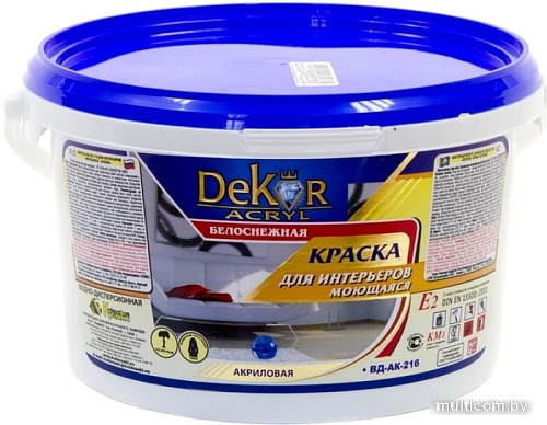 Краска Dekor ВД-АК-216 для интерьеров моющаяся (белоснежный, 3 кг)