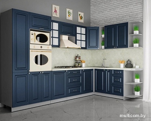 Готовая кухня Интерлиния Мила Шато 1.88x3.2 ВТ правая (индиго/индиго/опал светлый)