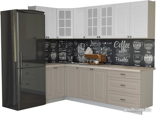 Угловая кухня Интерлиния Мила Деко 1.2x2.6 (белый/луна/травертин серый)