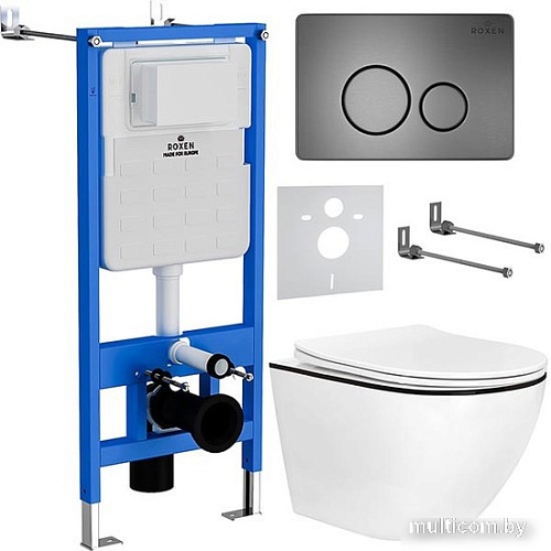 Унитаз подвесной Roxen Antares Black в комплекте с инсталляцией StounFix Slim 6 в 1 964894 (кнопка: оружейная сталь)