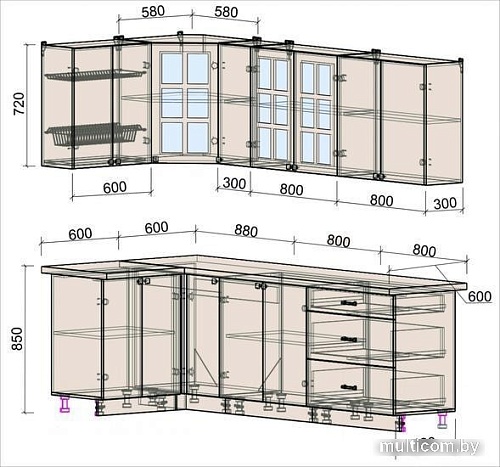Угловая кухня Интерлиния Мила Деко 1.2x2.5 (пепел/слоновая кость/травертин серый)