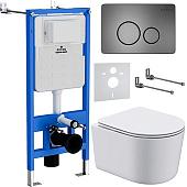 Унитаз подвесной Roxen Simple Compact в комплекте с инсталляцией StounFix Slim 6 в 1 963592 (кнопка: оружейная сталь)