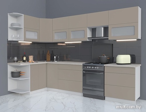 Угловая кухня Интерлиния Мила Матте 1.5x3.1 Б левая (луна/луна/травертин серый)