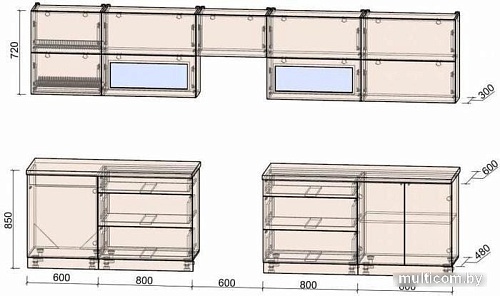 Кухня Интерлиния Мила Матте 3.6 Б (слоновая кость/пепел/травертин серый)
