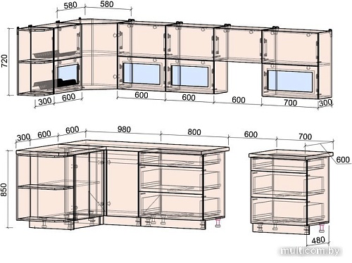 Угловая кухня Интерлиния Мила Матте 1.5x3.1 Б левая (луна/луна/травертин серый)