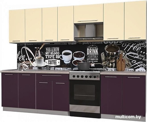 Кухня Интерлиния Мила Пластик 2.9 А (слива глянец/ваниль глянец/травертин)