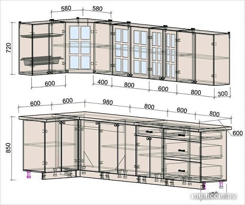 Угловая кухня Интерлиния Мила Деко 1.2x3.2 (луна/травертин серый)