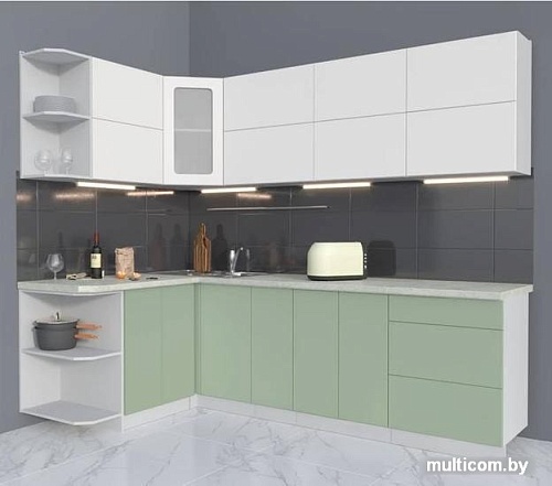 Угловая кухня Интерлиния Мила Матте 1.5x2.5 А левая (белый/мята/опал светлый)