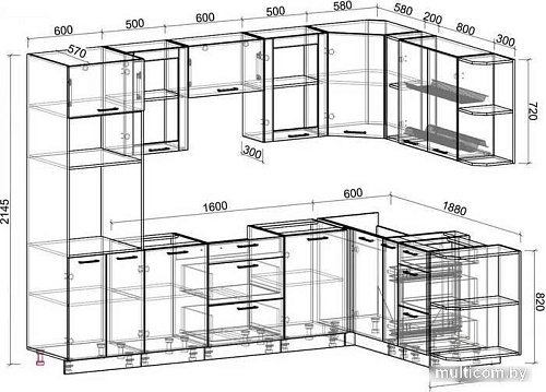 Готовая кухня Интерлиния Мила 1.88x2.8 правая без столешницы (дуб белый/дуб серый)
