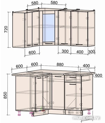 Готовая кухня Интерлиния Мила 12x13 (дуб белый-дуб золотой-дуб бунратти)