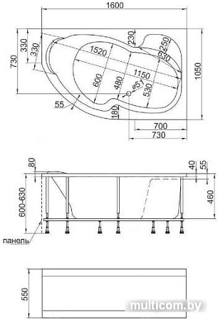 Ванна 1Марка Aura 160x105 R (с каркасом и экраном)