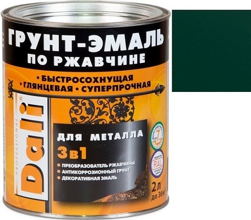 Грунт-эмаль Dali По ржавчине 3 в 1, 2 л (зеленый мох, RAL 6005)