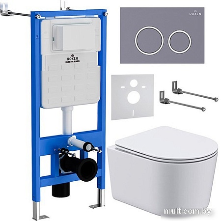 Унитаз подвесной Roxen Simple Compact в комплекте с инсталляцией StounFix Slim 6 в 1 966133 (кнопка: серый бетон)