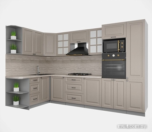 Готовая кухня Интерлиния Мила Деко 1.68x3.2 левая (луна-луна-травертин серый)