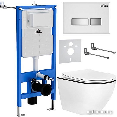 Унитаз подвесной Roxen Antares Black в комплекте с инсталляцией StounFix Slim 6 в 1 964909 (кнопка: белое стекло)