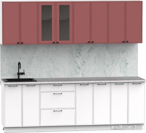 Готовая кухня Интермебель Лион-18 В-1 2.4м (красная глазурь софт/белый софт/мрамор лацио белый)
