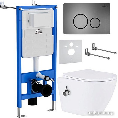 Унитаз подвесной Roxen Antares Bidet в комплекте с инсталляцией StounFix Slim 6 в 1 962282 (кнопка: оружейная сталь)