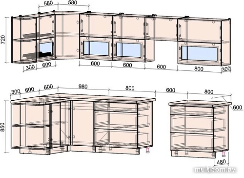 Угловая кухня Интерлиния Мила Матте 1.5x3.2 Б левая (луна/луна/травертин серый)