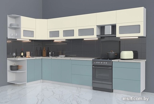 Угловая кухня Интерлиния Мила Матте 1.5x3.8 Б левая (слоновая кость/океан/опал светлый)