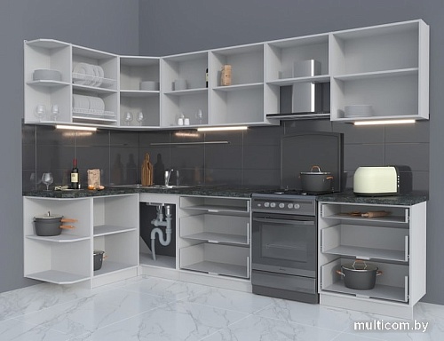 Угловая кухня Интерлиния Мила Матте 1.5x3.1 Б левая (луна/луна/травертин серый)