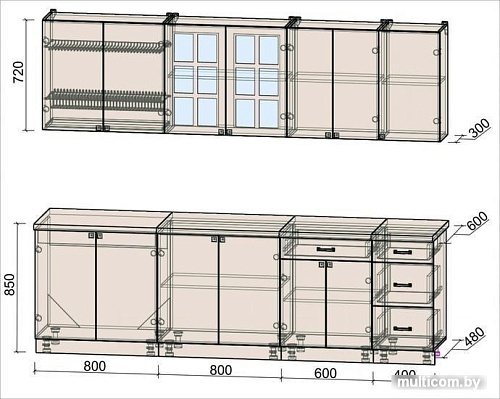 Кухня Интерлиния Мила Деко 2.6 Б (белый/луна/травертин серый)
