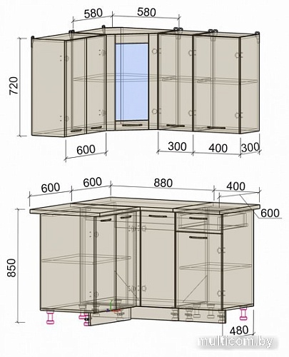 Готовая кухня Интерлиния Мила 12x13 (вудлайн кремовый-дуб веллингтон-серый каспий)